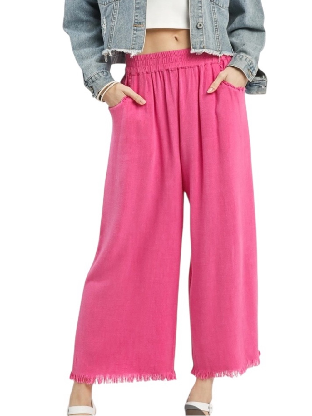 Umgee Pink Cotton Denim Pull on Fringe Wide Leg Pants with Pockets